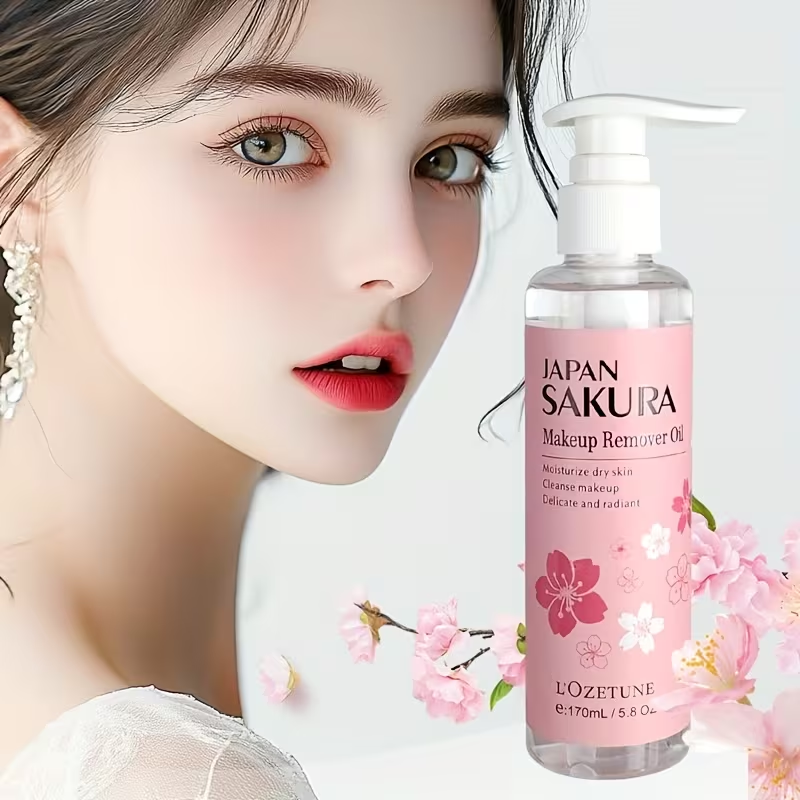 New Release 5.75oz Sakura Love Makeup Remover Oil, Contains Plant-Derived Squalane, Gentle Alcohol-Free Formula, Emulsifies in One Second, Refreshing and Non-Comedogenic, Suitable for Students and Women, A Must-Have for Daily Makeup Removal