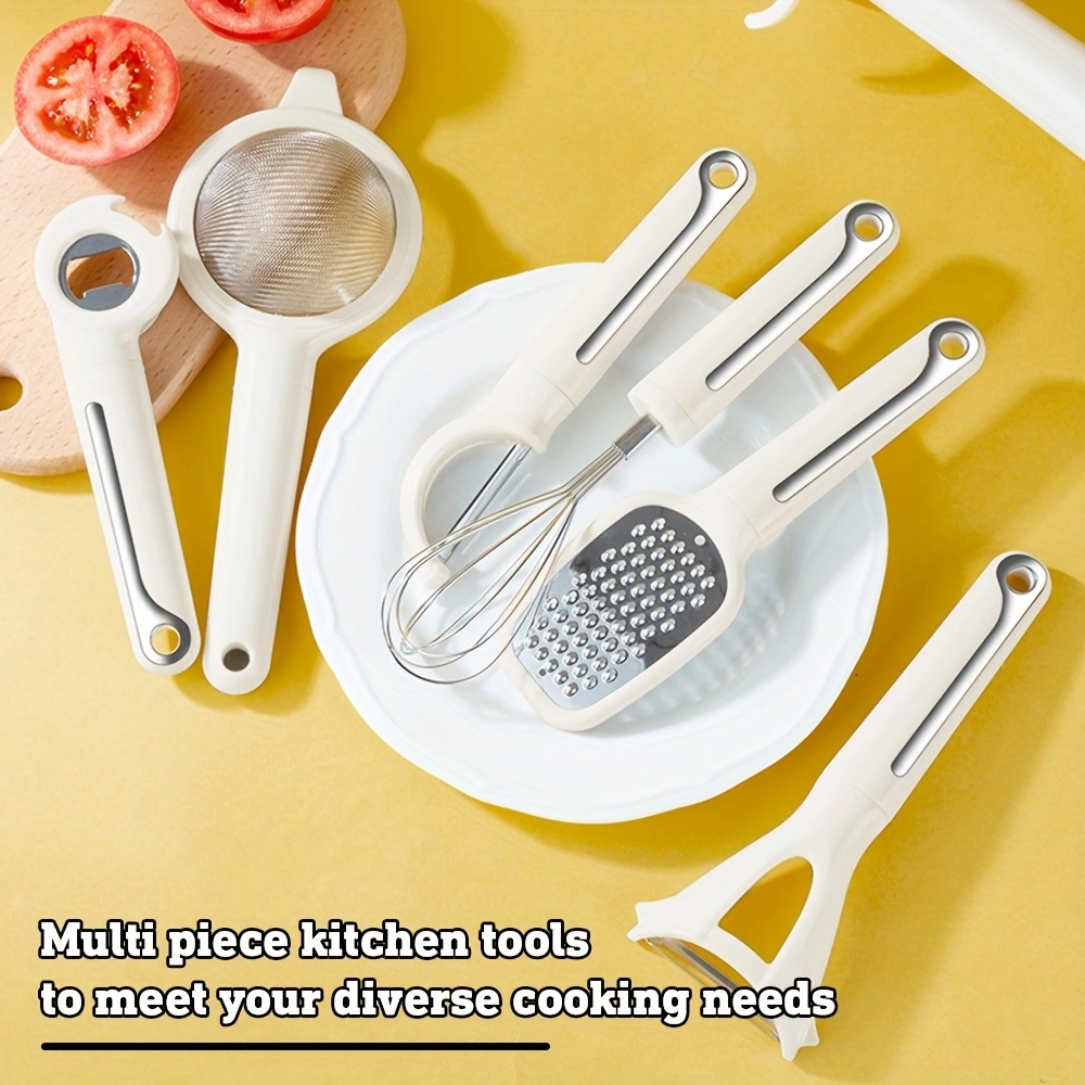 6pcs Multi-piece kitchen tool set, including a strainer, peelers (both vertical and horizontal), grater, bottle opener, and egg beater.