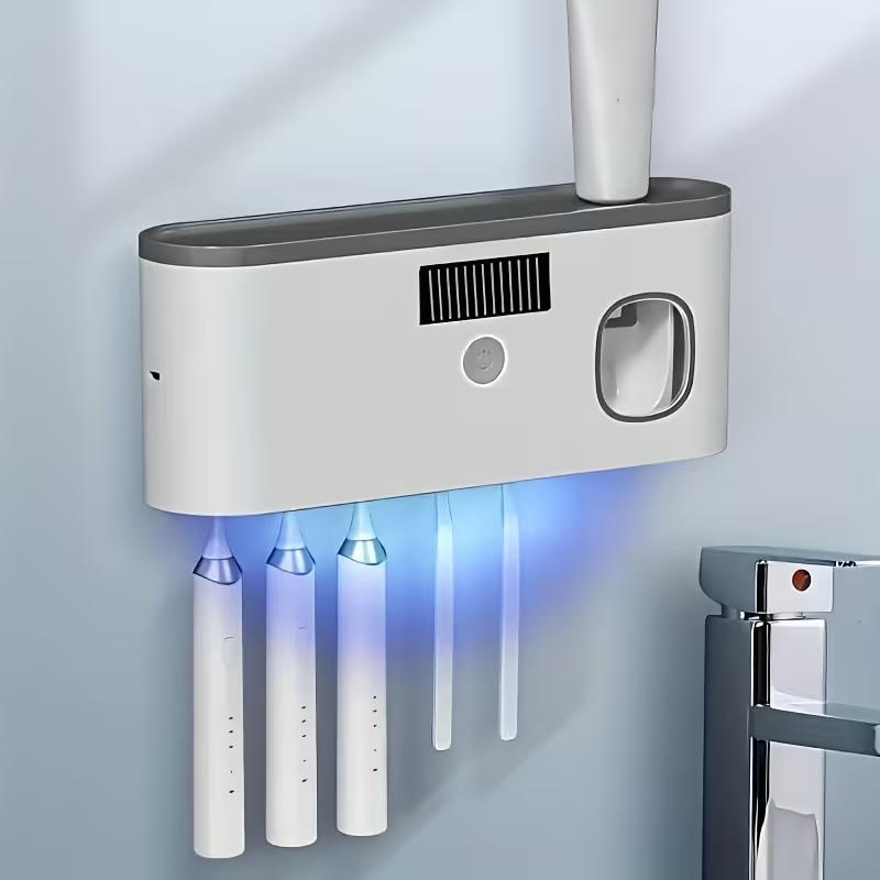 1pc Smart Toothbrush Organizer, Bathroom Toothbrush Display And Storage, with Automatic Toothpaste Dispenser - Wall-Mounted, 5-Slot Storage, Durable Plastic, USB Rechargeable Lithium Battery, Modern Bathroom Organization And Home Decor