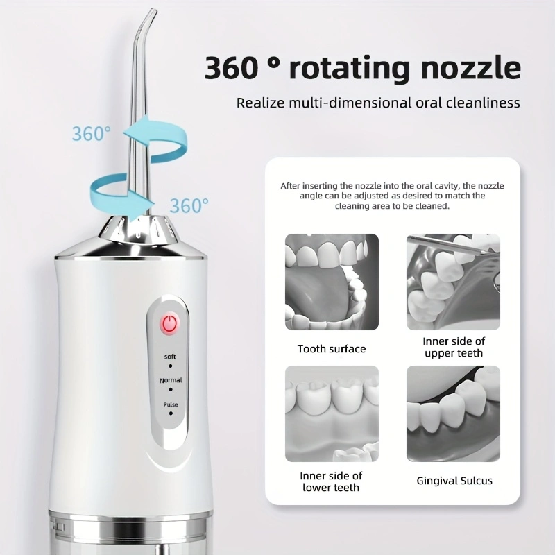 Large-capacity oral irrigator, tongue cleaner, teeth rinser; portable USB rechargeable; deep cleaning of teeth; comes with 4 cleaning heads.