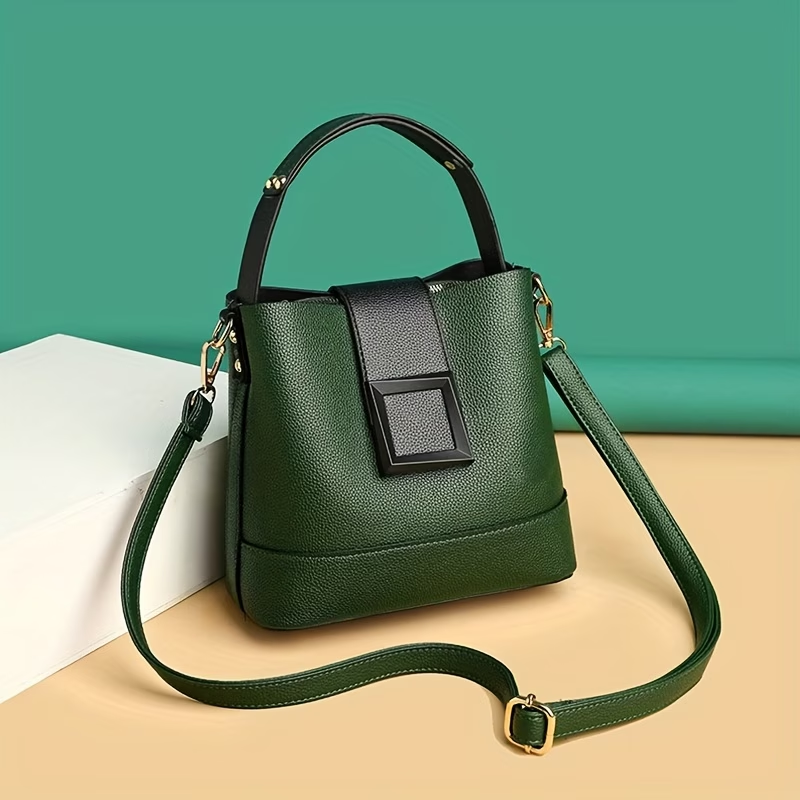 Elegant Solid Bucket Bag with Adjustable Shoulder Strap - Ladies' Multi-Functional Body And Handbag, Lightweight with Zipper Closure