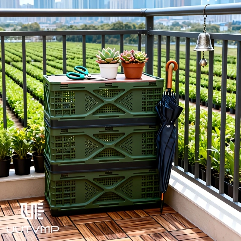 Collapsible storage box with wooden top—foldable, stackable, and suitable for outdoor camping, patio use, kitchen storage, and more.