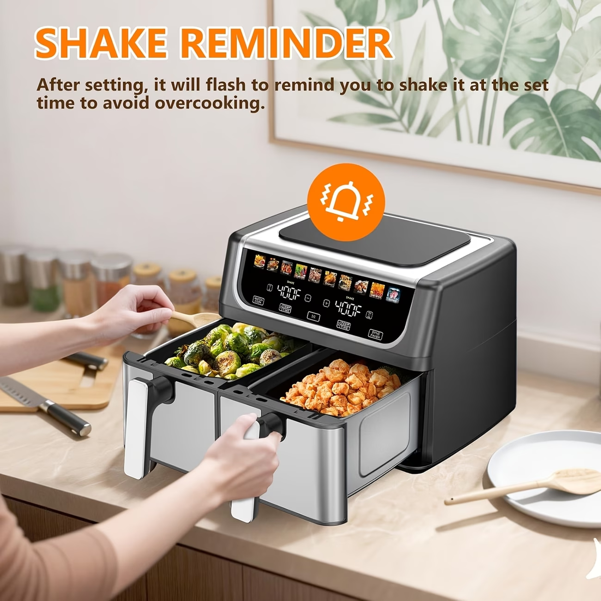 9.5 Quart Large Dual Basket Air Fryer with Double Basket, Independent Temp Control & Sync Mode, 10 Presets (Bake/Broil/Defrost/Dehydrate), Shake Reminder System, Compatible for Plug for Appliance
