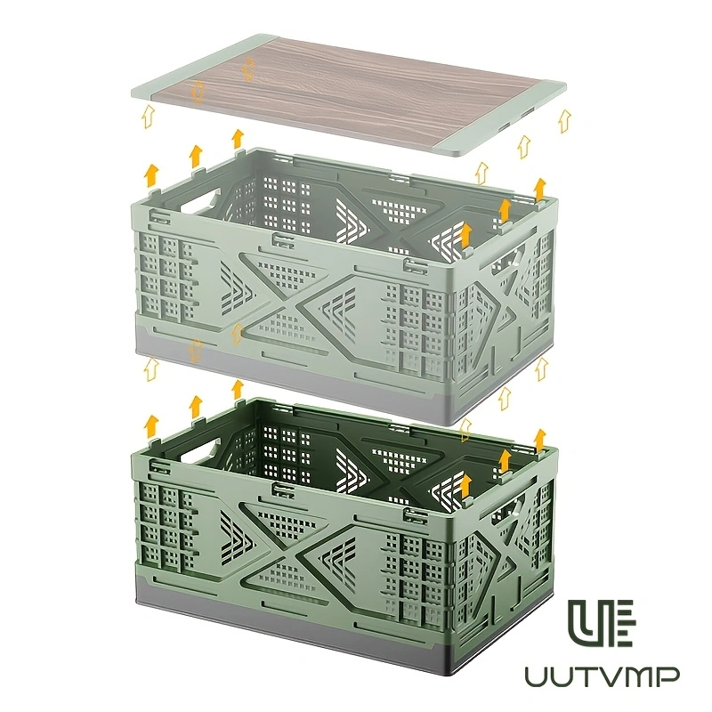 Collapsible storage box with wooden top—foldable, stackable, and suitable for outdoor camping, patio use, kitchen storage, and more.