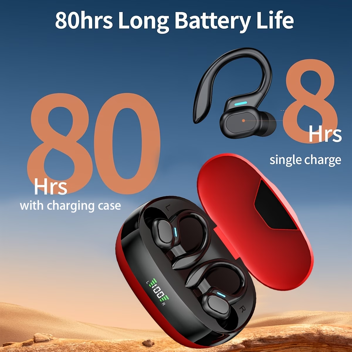 True Wireless Earbuds with Mic, TWS In-Ear Headphones with ENC Noise Cancelling Mic, Sport Earhook Headset, Stereo in Ear Headphones with LED Display Charing Case, Wireless Running Sports Earbuds Earhook