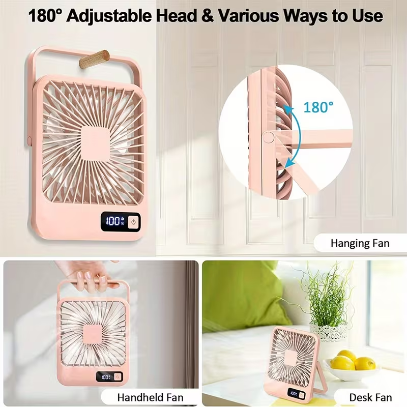Rechargeable Table Fan with a 1800Mah Battery, Featuring a 180° Foldable Design And Power Display. This Ultra-Quiet Desktop Fan Is Ideal for Home, Office, Travel, And Outdoor Use, Offering 5 Speed Settings