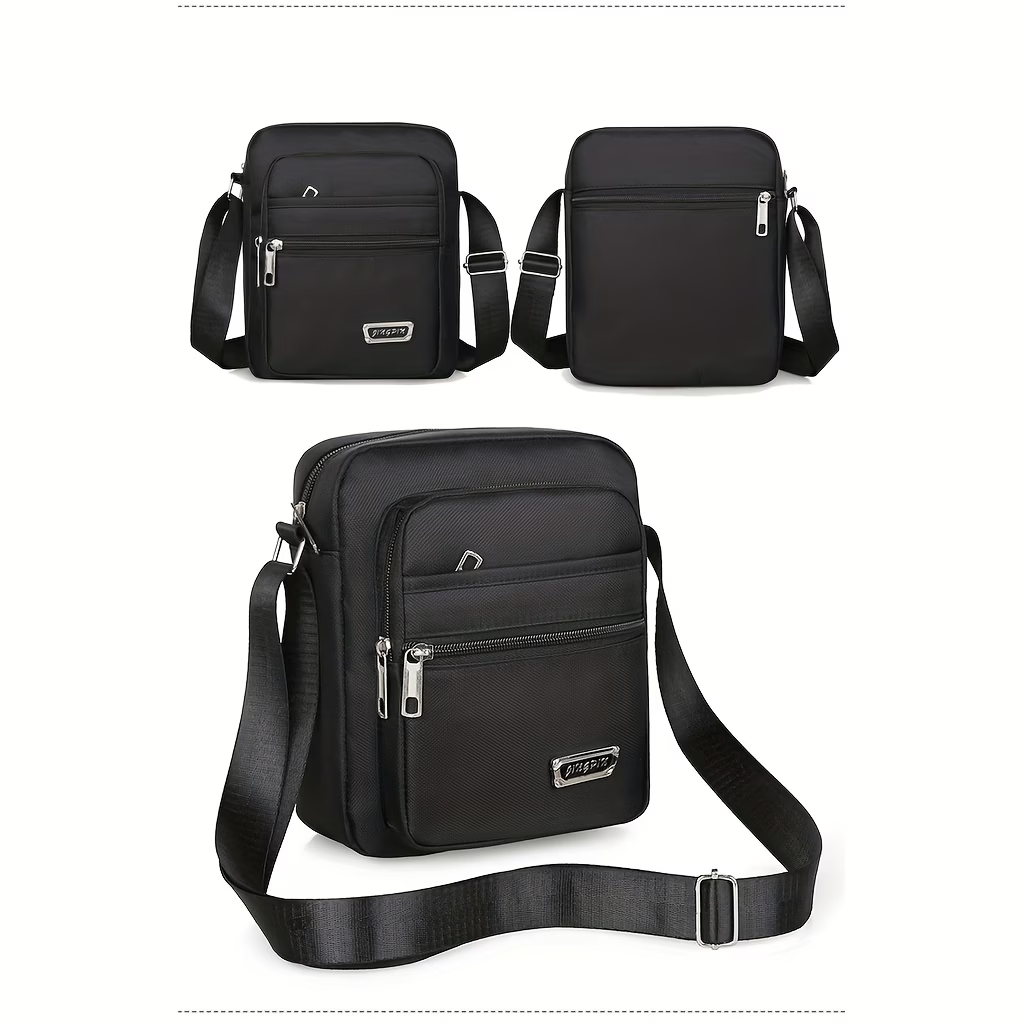 Men'S Classic Black Oxford Crossbody Bag - Large Capacity Casual Daypack with 6 Adjustable Zippers, Multiple Compartments & Safety Pocket, Durable Sling Bag for Travel, Commuting, Everyday Use, Secure Zipper Closure