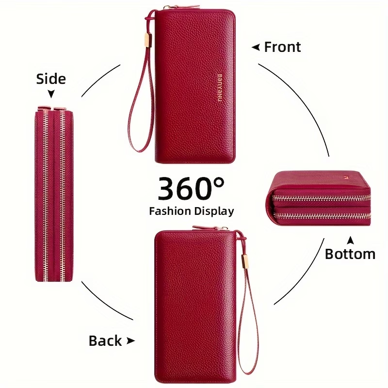 Women'S Long Wallet, Stylish And Spacious, Made of Top-Layer Cowhide, Double Zipper Genuine Leather Clutch Bag 9009