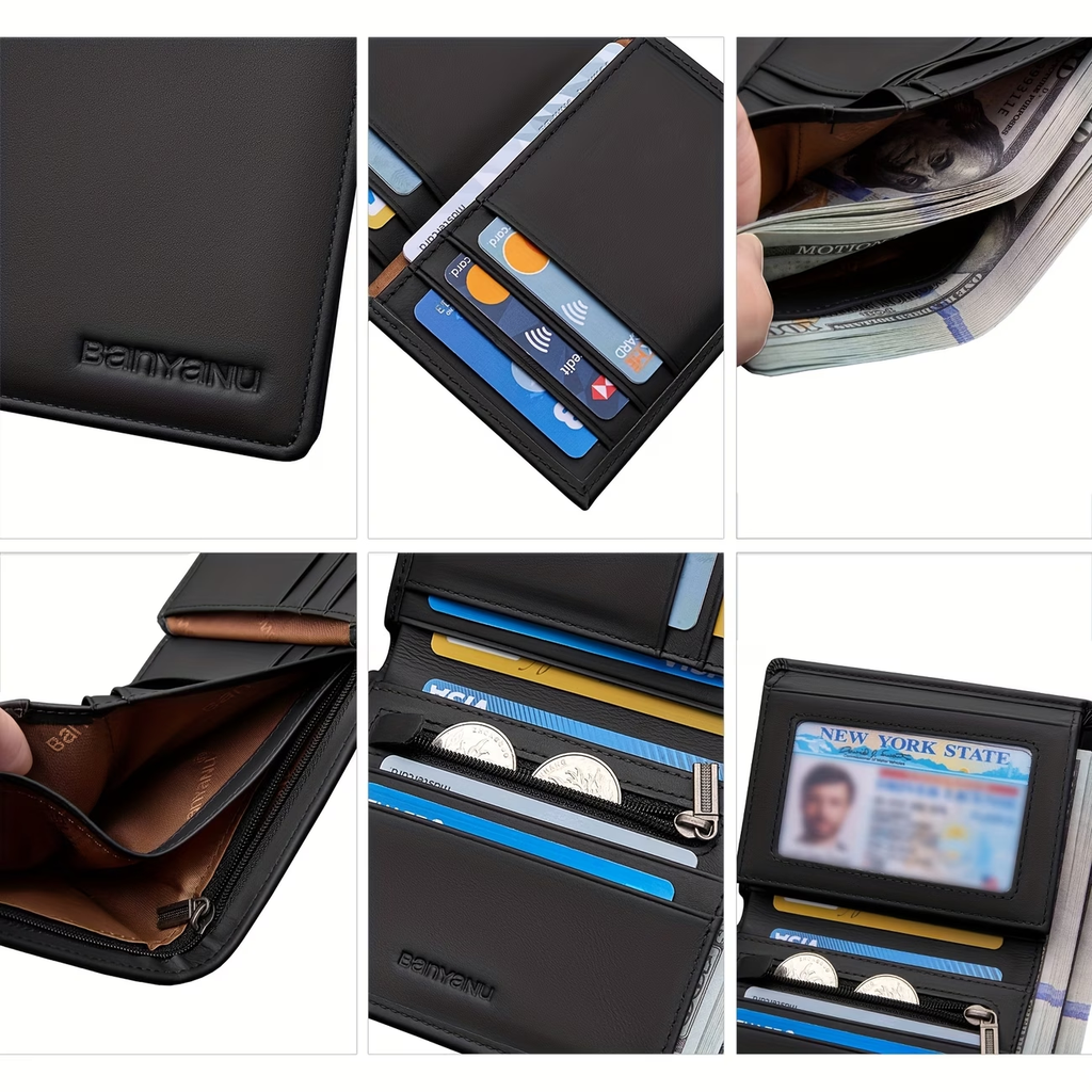 Genuine Leather Three-Fold Wallet for Men, 13 Card Slots with Anti-Theft Feature