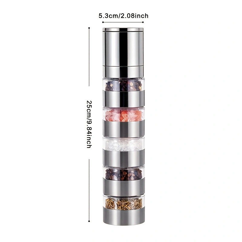 Five-layer stainless steel pepper grinder, a kitchen seasoning essential, with a transparent viewing chamber, rotary grinder, and adjustable coarseness.