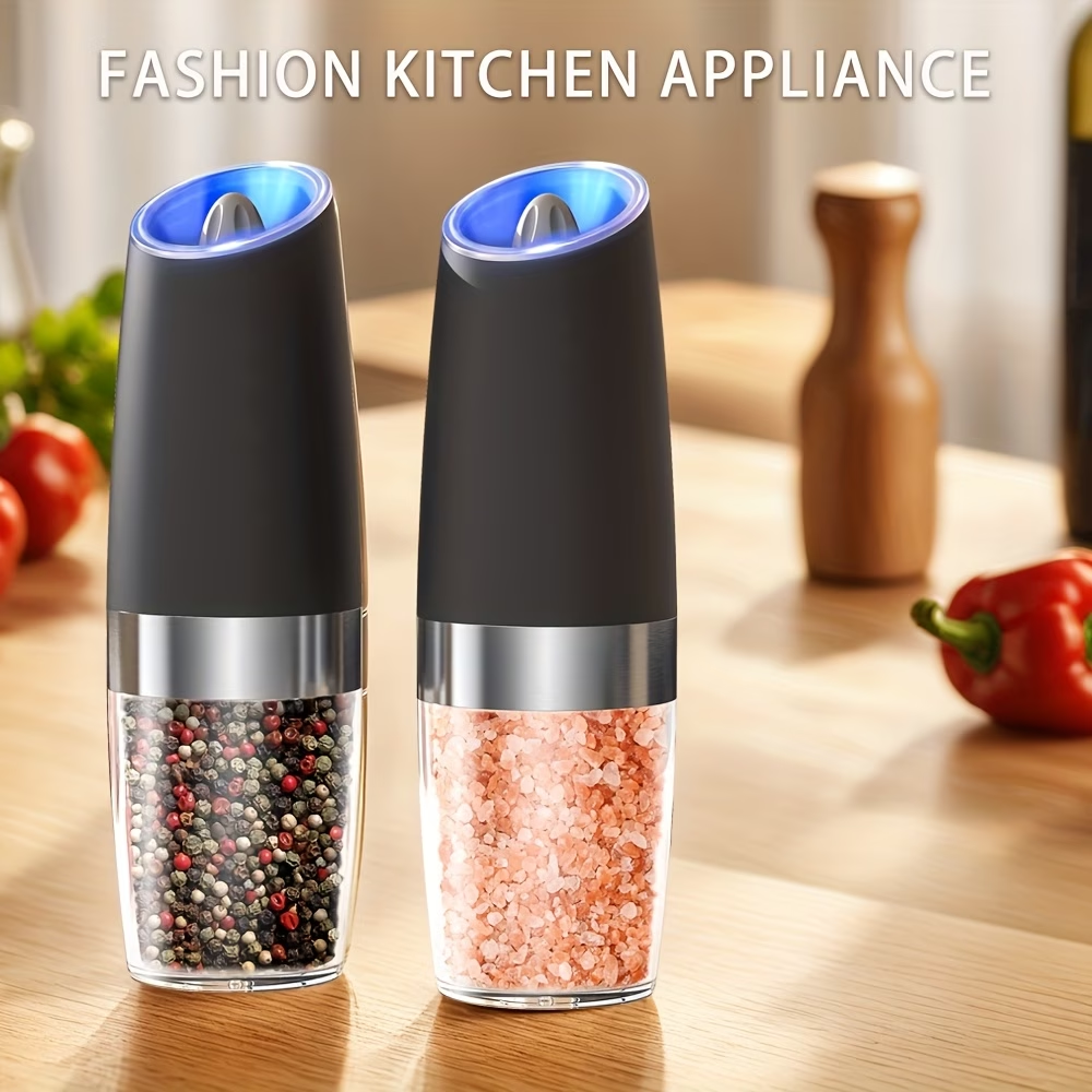 1/2pcs/set, Gravity Electric Salt And Pepper Mill, Powerful Pepper Grinder, Tilt to Grind Automatically, Battery Powered, Coarseness Adjustable, Upgraded Large Capacity, Easy to Clean, One-Hand Operation, Kitchen Essentials, LED Light, Gift Ideas