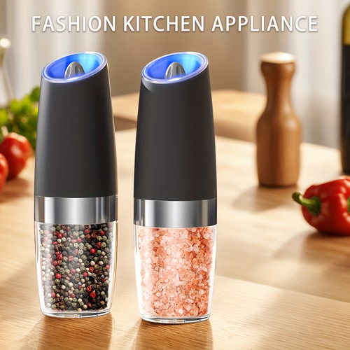 1/2pcs/set, Gravity Electric Salt And Pepper Mill, Powerful Pepper Grinder, Tilt to Grind Automatically, Battery Powered, Coarseness Adjustable, Upgraded Large Capacity, Easy to Clean, One-Hand Operation, Kitchen Essentials, LED Light, Gift Ideas