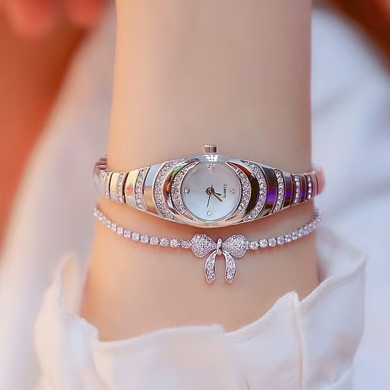 This New Women'S Watch Features a Minimalist Design with a Round Dial Adorned with Water Rhinestone, Making It a Perfect Choice for Everyday Wear And an Ideal Birthday Gift