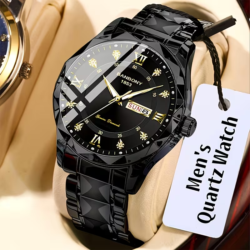 1 New Stainless Steel Men'S Quartz Watch with Roman Numerals, Rhinestone Dial, Date Calendar, Trendy Minimalist Luxury Brand, Luminous Sports Casual Business Multi-Functional Watch - Ideal Birthday Gift and Holiday Present, Elegant Watch For Men