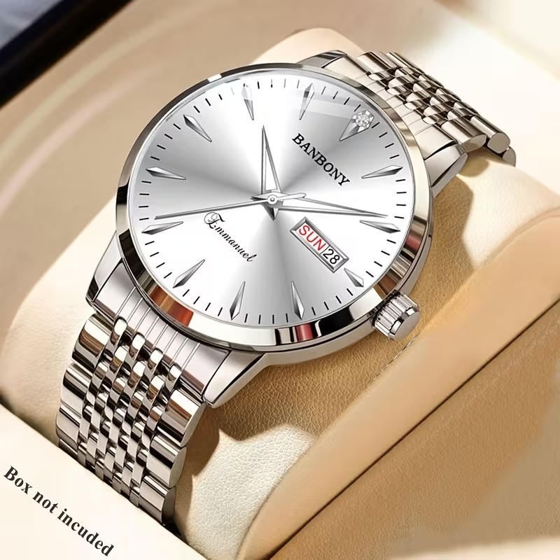 New Banbony Unisex Stainless Steel Quartz Watch with Rhinestone Accents, Water-Resistant IPX7, Sleek HD Dial, Date Display, Golden-Tone Finish - Ideal for Casual Wear, Parties, and Gifts