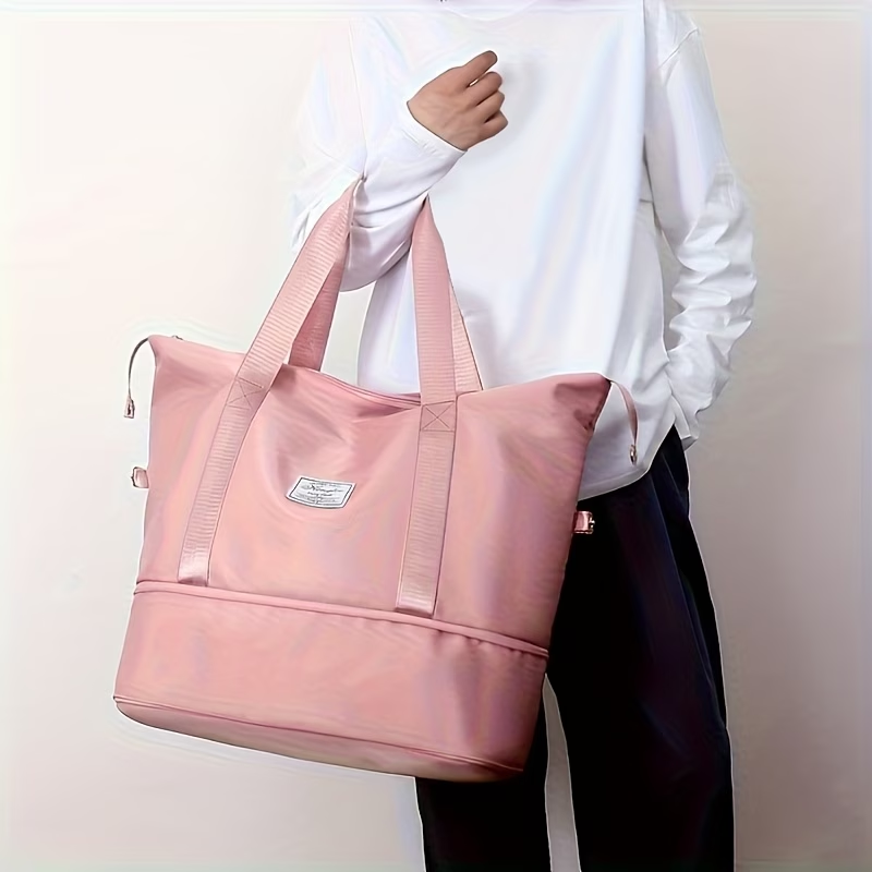 Large Capacity Women'S Duffle Bag - Pink Nylon Gym And Travel Tote, Lightweight Luggage Handbag, Versatile Sports Bag, Casual Style, Hand Washable