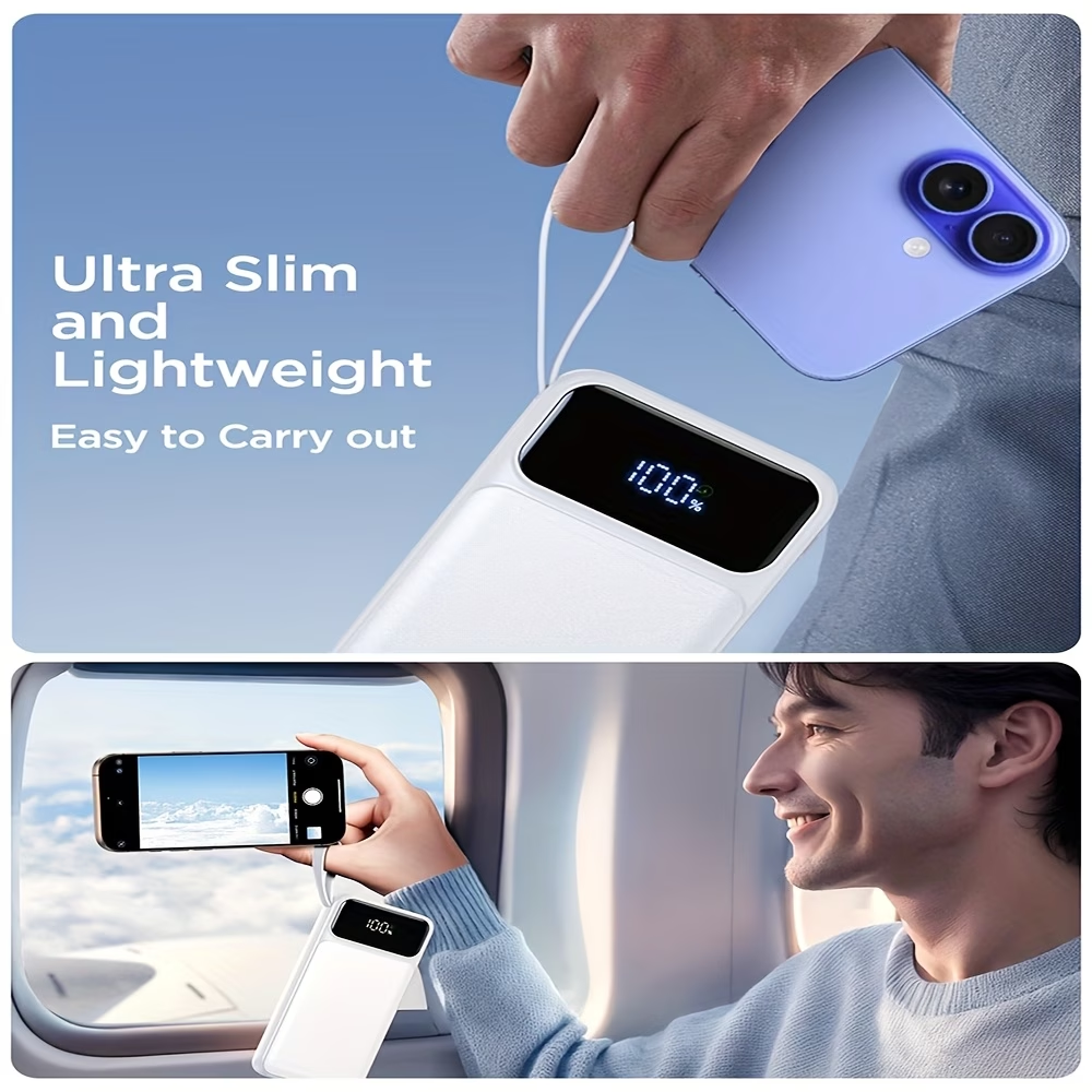Power Bank: 20000mAh, 20W Fast Charging Portable Charger, Built-in Cable, USB C Battery Pack, Ultra-thin Portable Mobile Phone Charger. Spare Battery Suitable For All Mobile Phones And Tablets