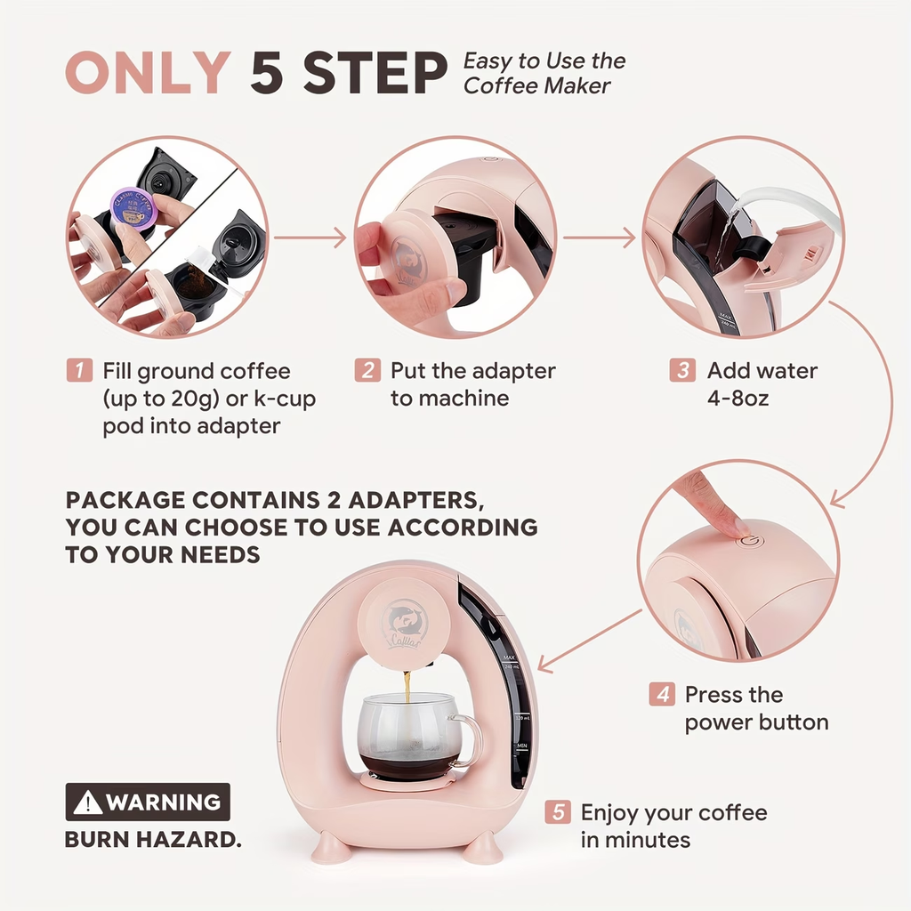 4-8oz Single Serve Coffee Maker 2in 1 Americano Mini Coffee Machine Compatible with Coffee Ground & K Cup, Automatic Drip Coffee Maker/Tea Maker for Home Travel, Fast Brewing & Quiet