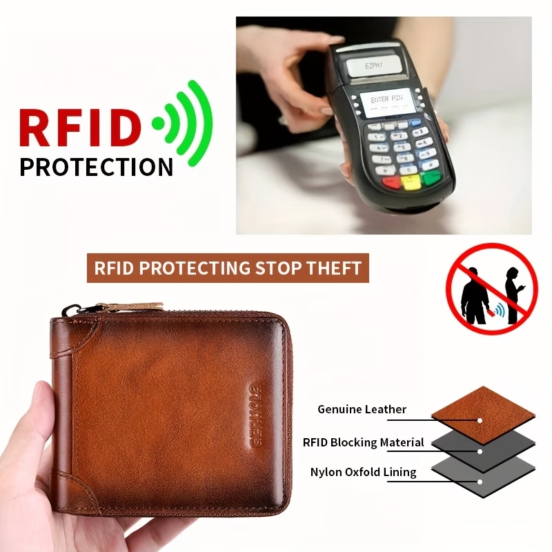 Men'S New Genuine Leather Short Wallet with Large Capacity, Zipper, Tri-Fold Design, And Ultra-Thin Cardholder
