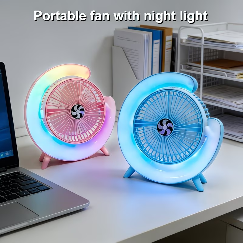 USB Desktop Fan with LED Light, Multifunctional Small Fan, Silent And Portable, 3-Speed Regulation, Rechargeable, Long Battery Life, Home Office Bedside Radiator, Creative Design, Summer Cool Gift
