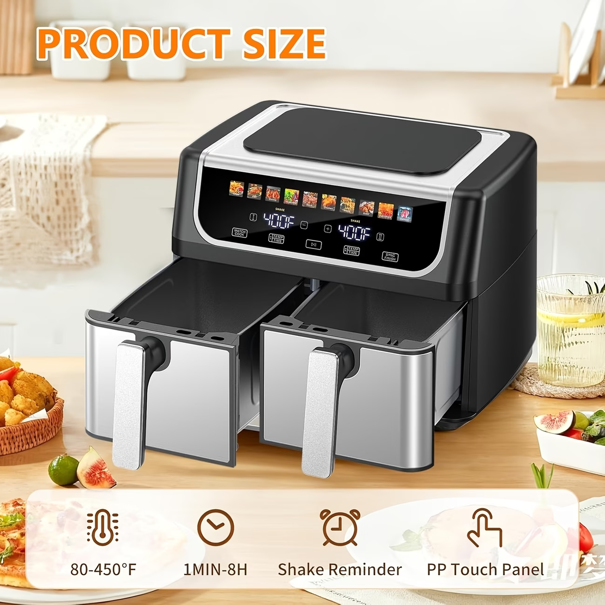 9.5 Quart Large Dual Basket Air Fryer with Double Basket, Independent Temp Control & Sync Mode, 10 Presets (Bake/Broil/Defrost/Dehydrate), Shake Reminder System, Compatible for Plug for Appliance