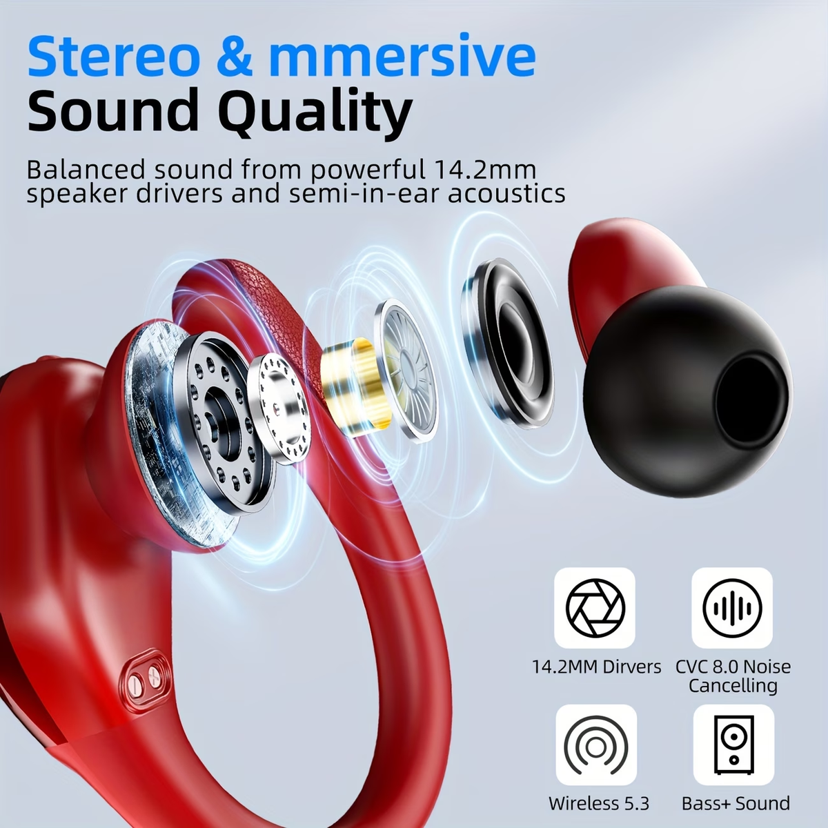 LIFEBEE Wireless Earbuds with Earhooks - Pure Bass Sound, Dual-LED Display, Noise Cancelling Headset with Built-in Microphone for Running Sports