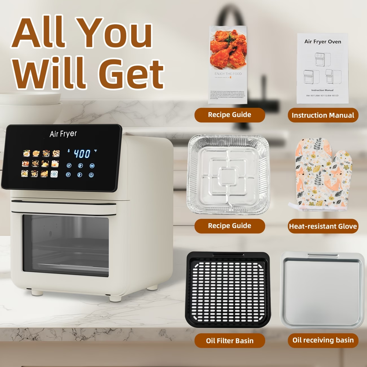 2.64gal Large Pro Air Fryer Oven with Grill Combo for Kitchen Use, 12-In-1 Smart Convection Ovens, Air Fryer with Glass Viewing Window, Nonstick Basket, Fryer Liners, Removable Door - White