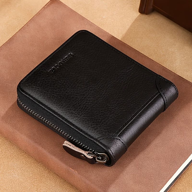 Men'S New Genuine Leather Short Wallet with Large Capacity, Zipper, Tri-Fold Design, And Ultra-Thin Cardholder