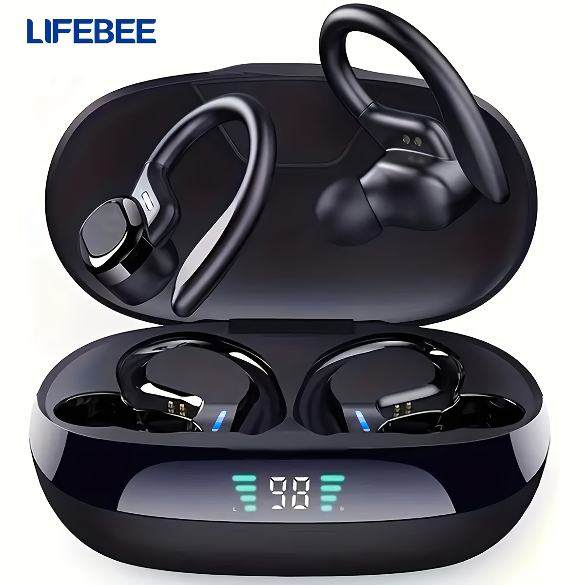 LIFEBEE Wireless Running Earbuds with Earhooks, Noise Cancelling Headphones for Sports, Dual-LED Display, Pure Bass Sound, Built-in Microphone