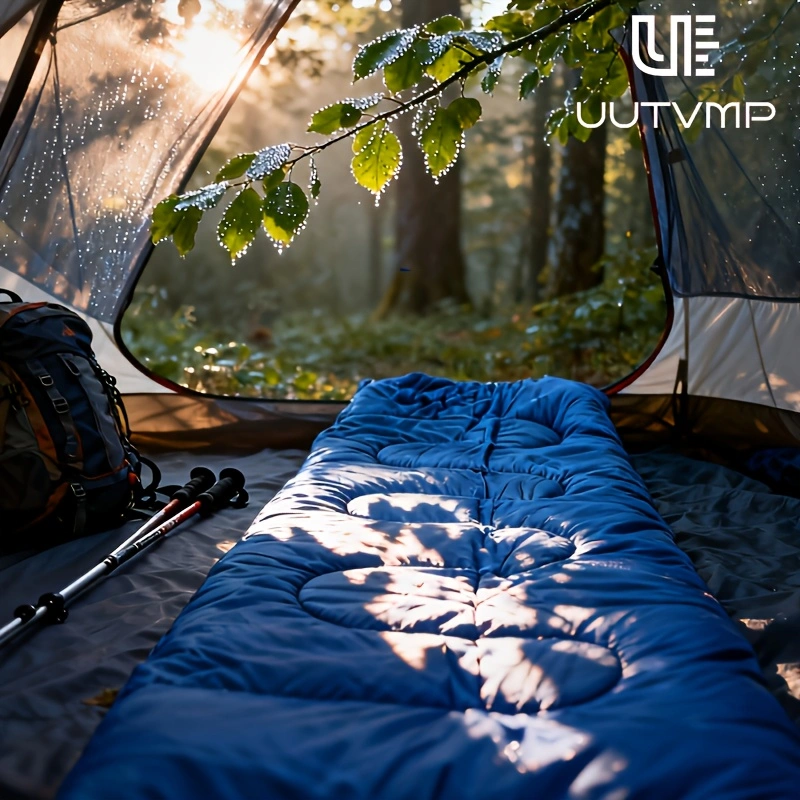 A blue envelope sleeping bag, modular and suitable for camping, hiking, trekking, cycling, travel, and other outdoor activities.