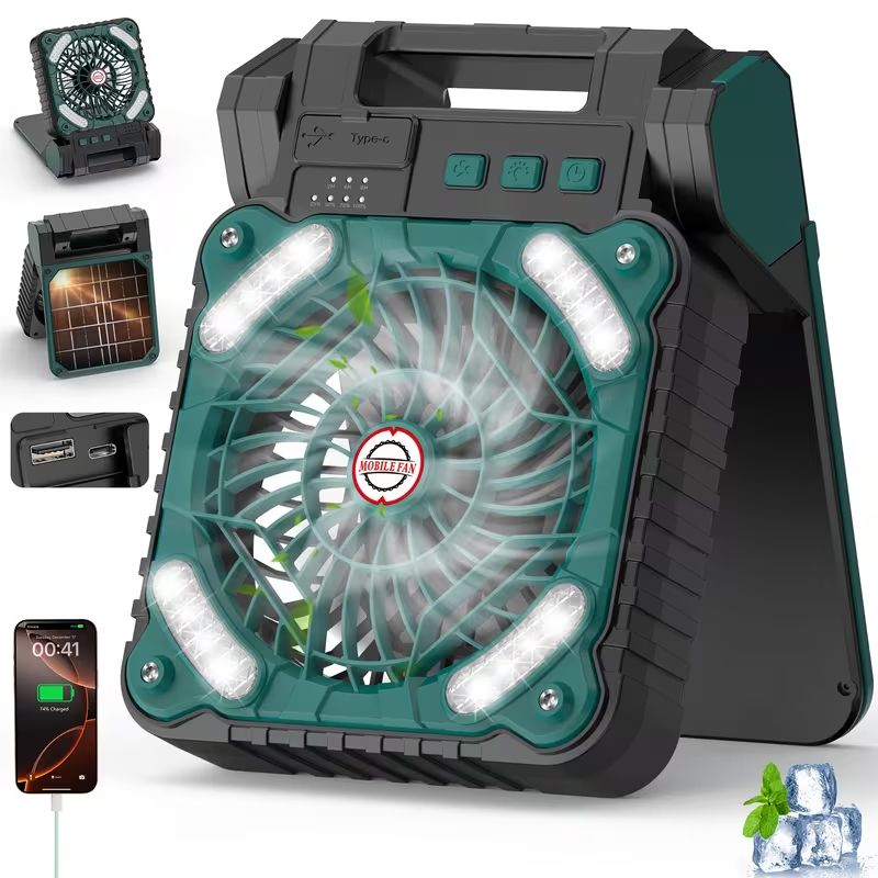 New Portable Solar Fan with LED Light, USB Rechargeable, Suitable for Camping, Foldable Outdoor Fan, And Desktop Fan