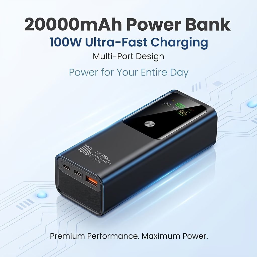 20000Mah 100W Ultra-Fast Charging High-Capacity Power Bank, Portable Charger & Iphone Charger Featuring LED Digital Display, Phone Additions Suitable for Laptops, Smartphones, Watches, Headphones, Perfect for Home, Office, And Outdoor Use