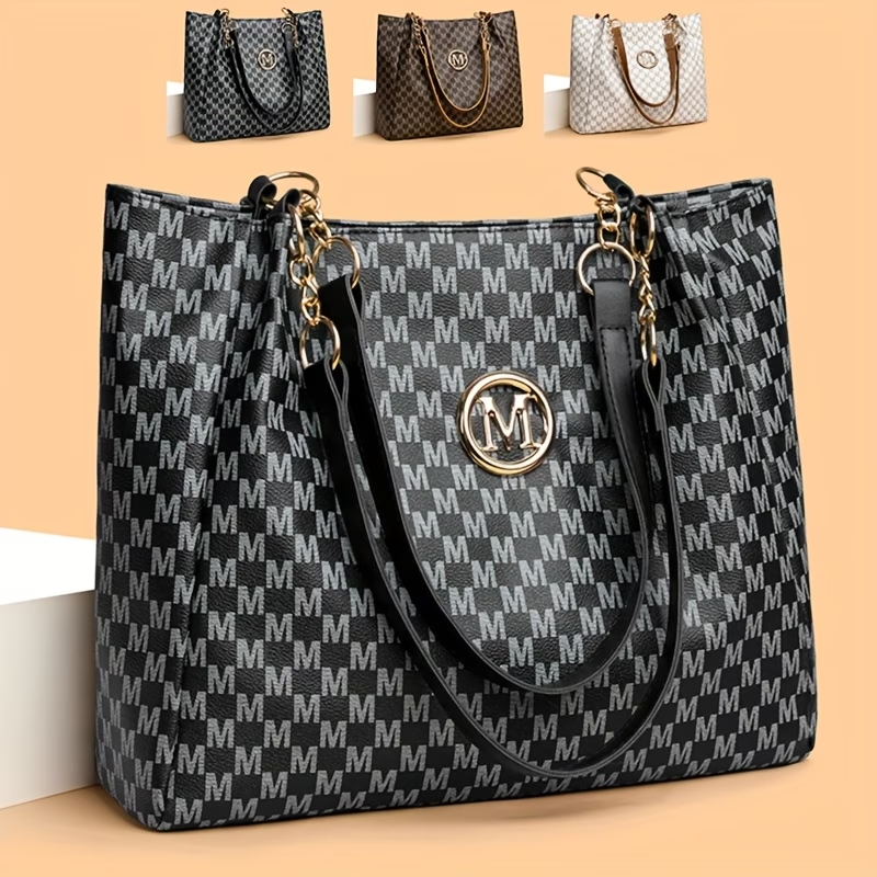 Women's Vintage Prescription-Style Shoulder Bag, Large Capacity Letter-Print Tote Bag, Daily Commute Handbag, Outing and Shopping Carryall Purse