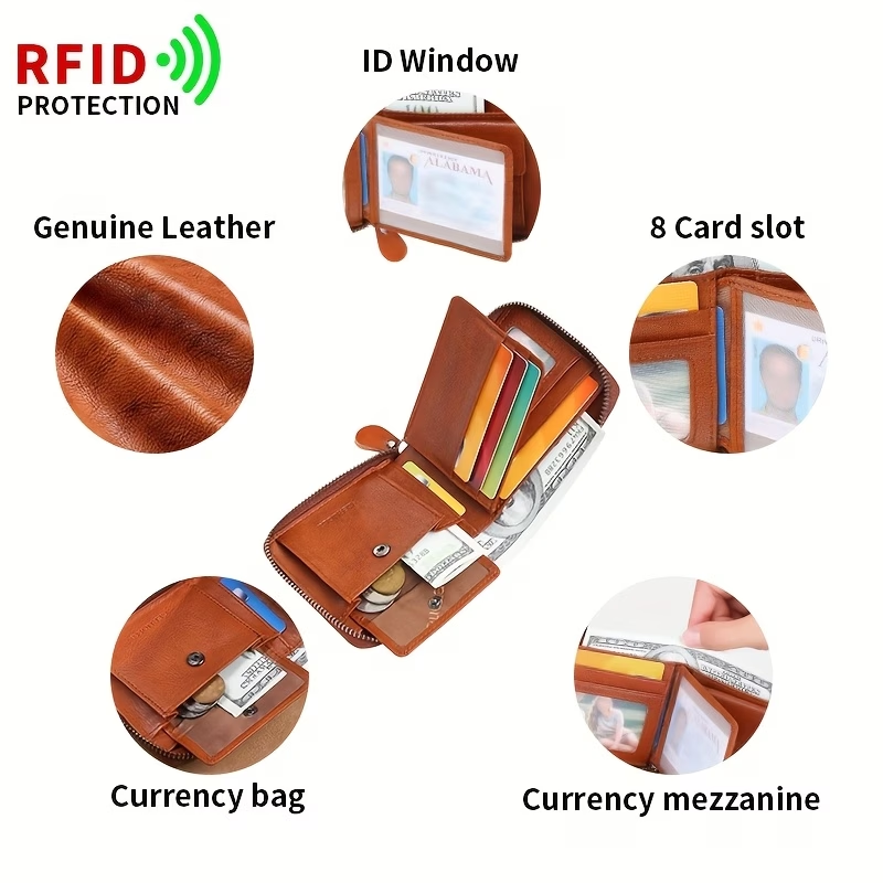 Men'S New Genuine Leather Short Wallet with Large Capacity, Zipper, Tri-Fold Design, And Ultra-Thin Cardholder