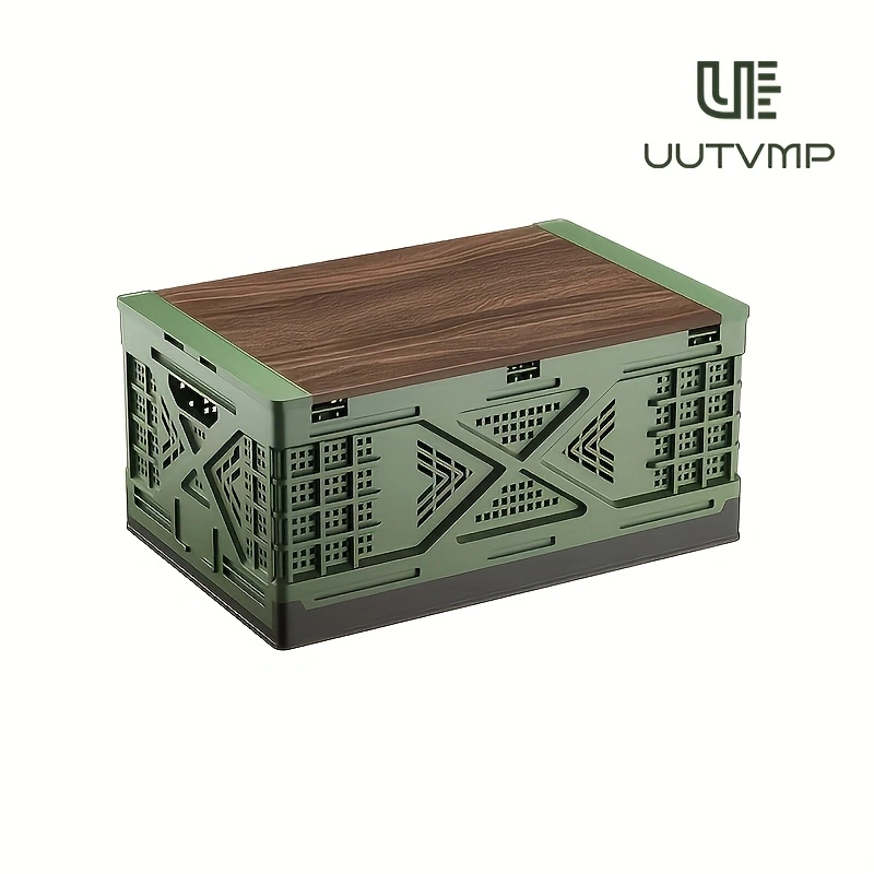 Collapsible storage box with wooden top—foldable, stackable, and suitable for outdoor camping, patio use, kitchen storage, and more.