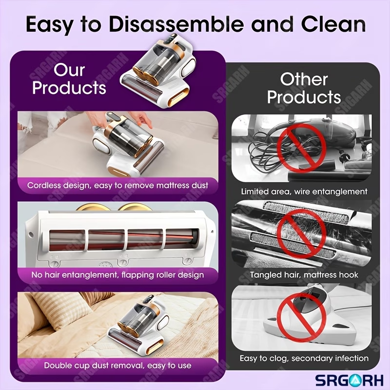 3-minute Fast Charging Cordless Mattress Vacuum Cleaner, 16Kpa Suction Power, 253.7nm UV Light And 80, 000 RPM Sonic Technology, Portable Double Cup Handheld USB Rechargeable, Suitable for Beds, Fabric Sofas, Carpets, Mother's Day Gift