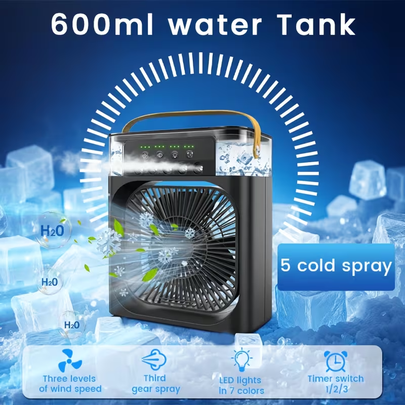 Portable Air Conditioner Five Hole Portable Fan Cooling Spray Fan Five Hole Humidification, Three Speed Adjustable, Fast Cooling, 20.29oz Large Capacity Water Tank, Five Nozzles, Adjustable Fog Volume, Three in One Blowing/cooling