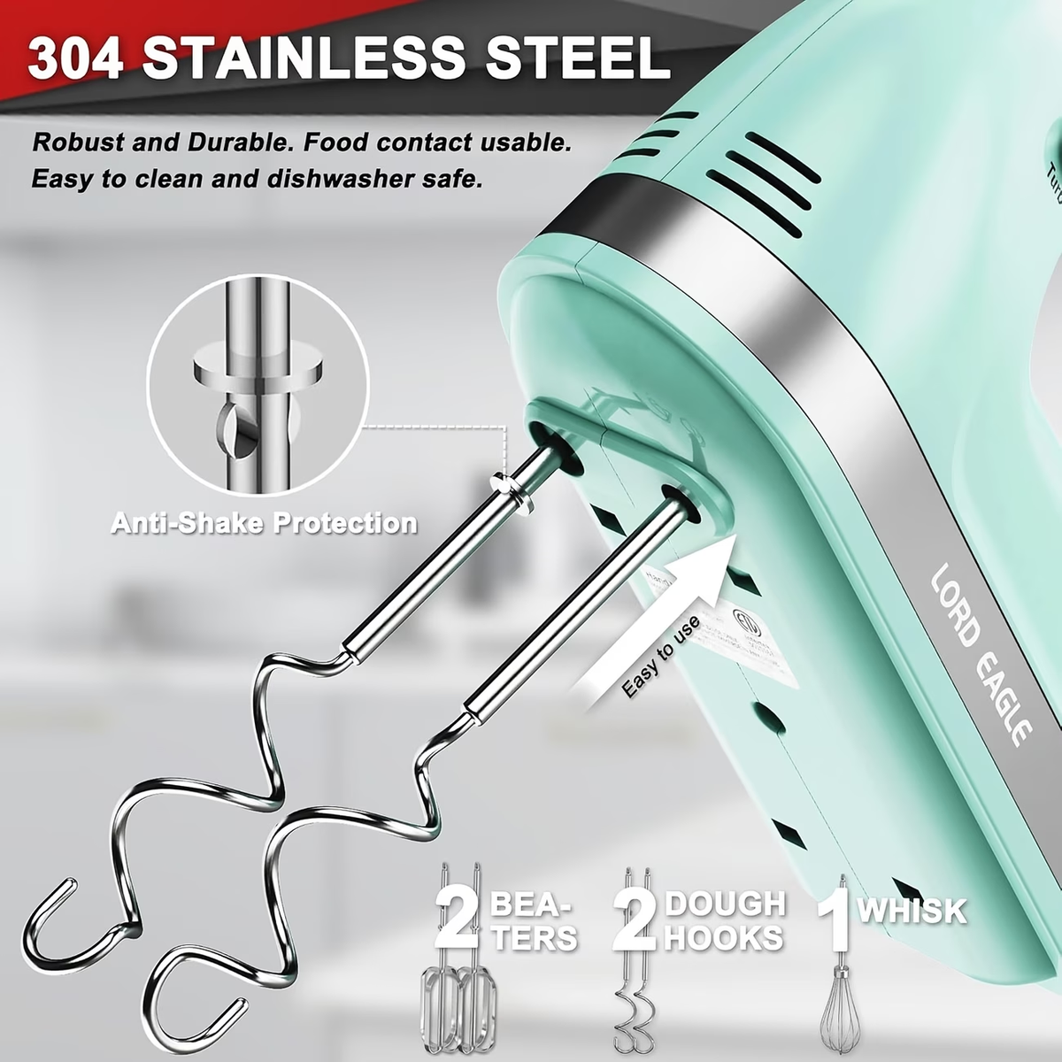 Electric Hand Mixer Complete Set with Attachment Storage Case, Includes 5 Stainless Steel Accessories, Turbo Boost & 5-Speed Settings for All Baking Needs