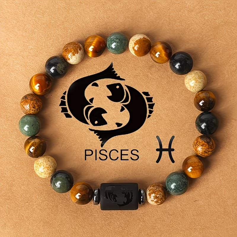 1pc 12 Constellations Zodiac Natural Stone Beaded Twelve Constellations Tiger Eye Stone Picture Stone Birthday Gift Valentine'S Day Gift Zodiac 19Cm/7.48Inch