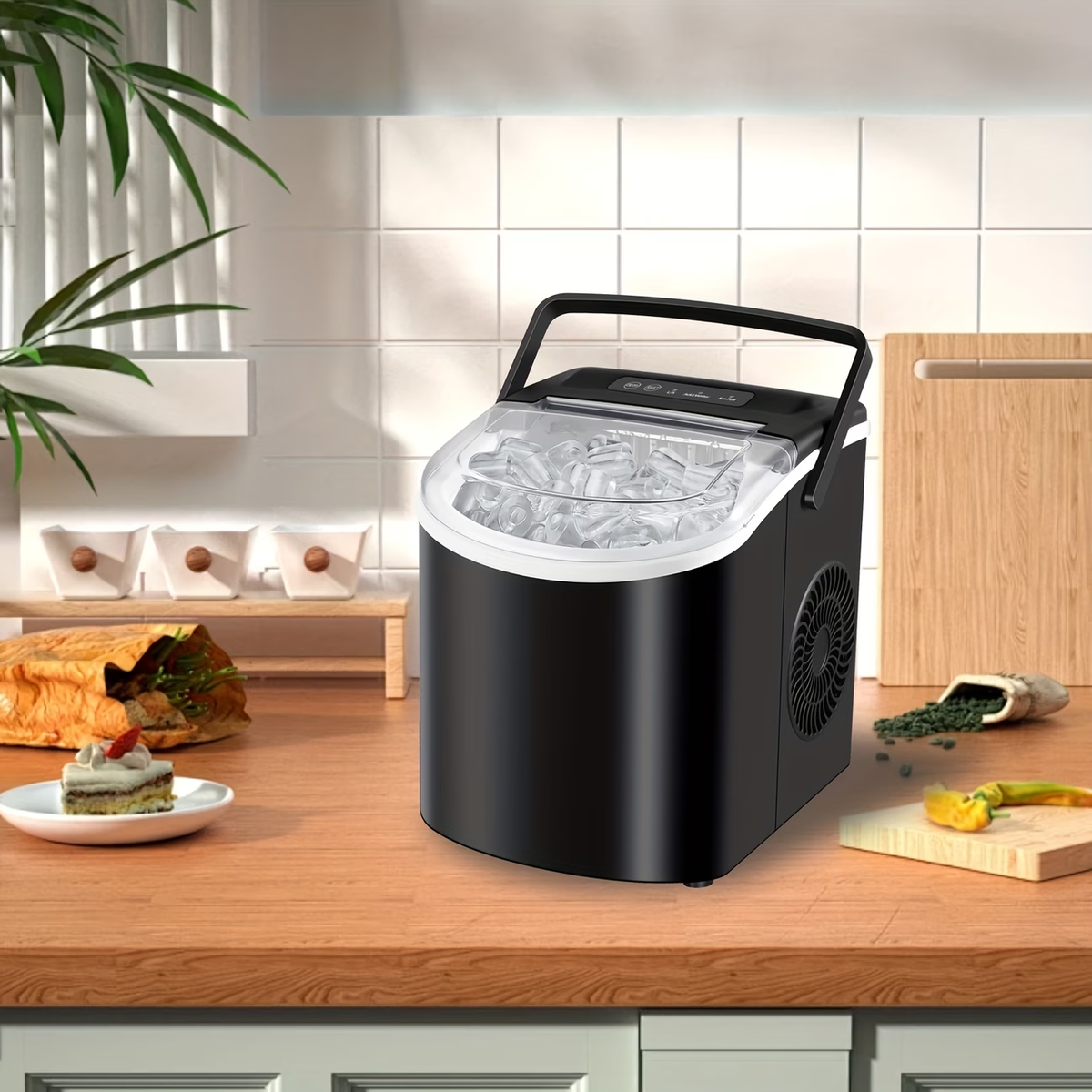Countertop Ice Maker With Handle | Produces 26 Pounds Of Ice Within 24 Hours, Makes 9 Ice Cubes In 6 Minutes, Portable with Basket and Ice Scoop, Suitable for Malls/Warehouses/Offices