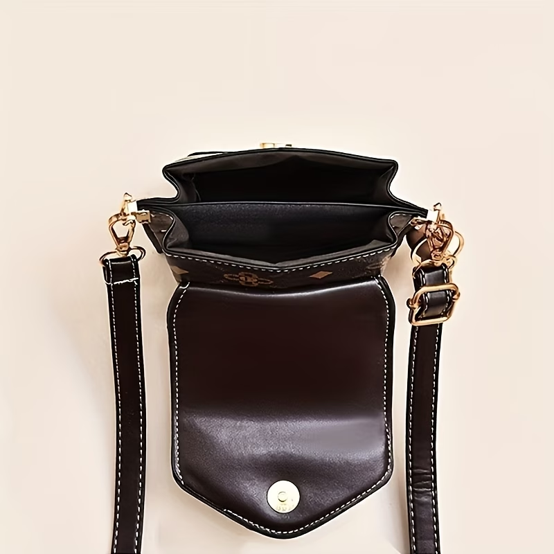 FOSIDIRI Women'S Fashionable Faux Leather Crossbody Bag - Geometric Pattern, Magnetic Closure, Adjustable Strap, Stylish Black & Beige Design with Floral Accents, Everyday Bag|Geometric Pattern Bag|Magnetic Closure Bag