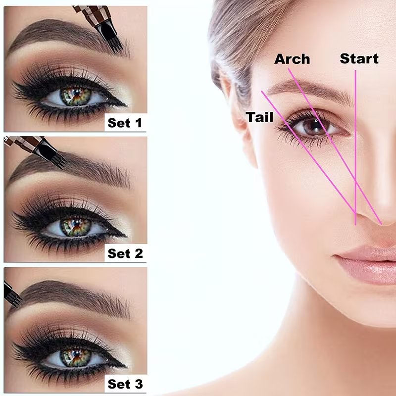 Four-Prong Eyebrow Pencil, Waterproof and Sweatproof with Long-lasting Wear