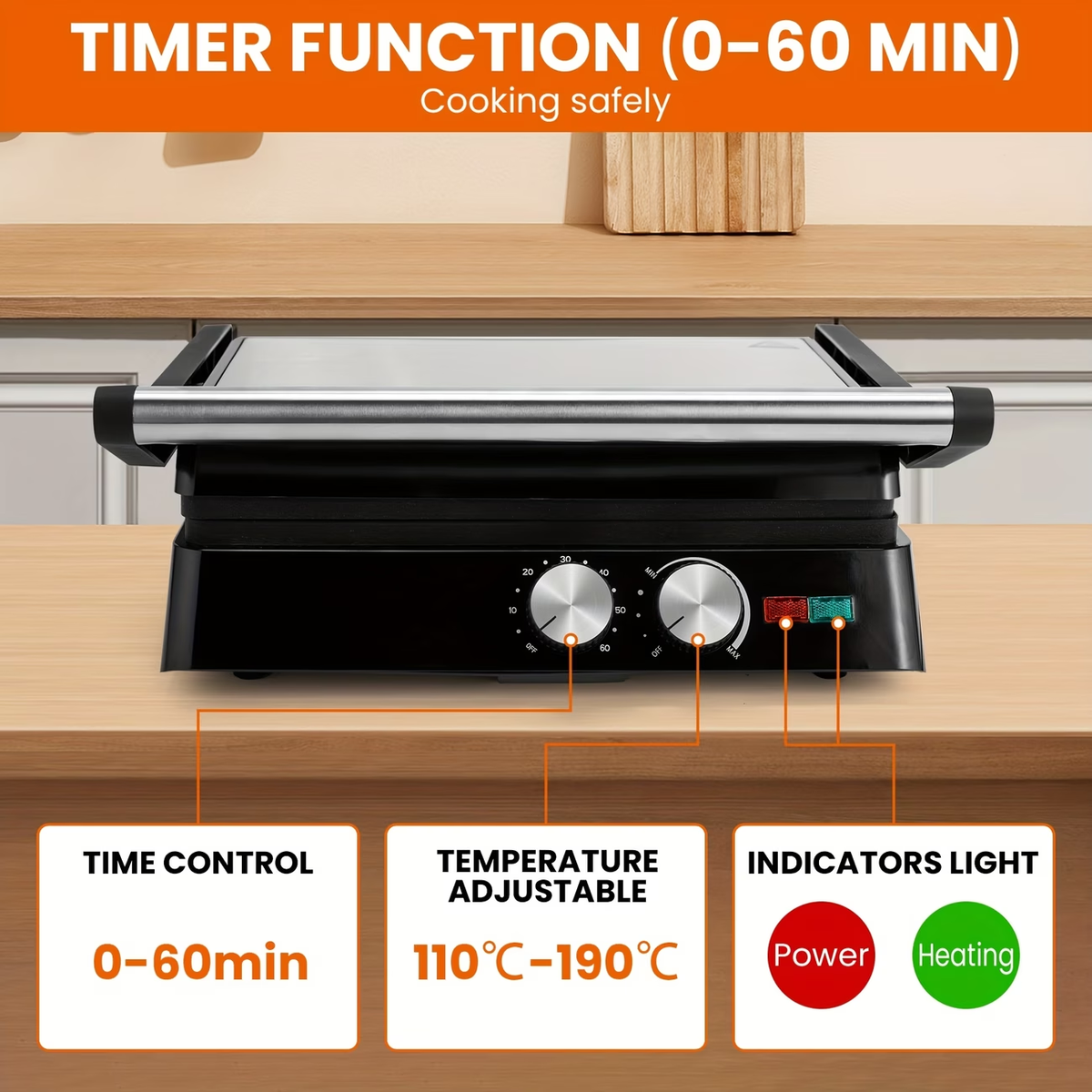 3-in-1 Electric Indoor Grill - Panini Press with Non-Stick Cooking Plates, Opens 180-Degree Gourmet Sandwich Maker, Floating Hinge Fits All Foods, Panini Press Grill with Grease Tray
