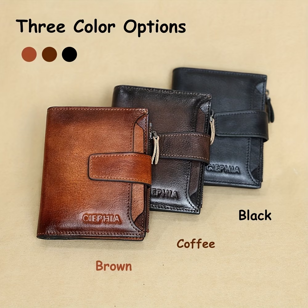 Men's Vintage RFID Blocking Wallet - Genuine Leather -Theft Billfold with Zipper Coin Pocket, 14 Card Holder, 2 ID Window & SD/ SIM, 2 Driver ID Holder - Leather for Christmas Valentine's/Father's Day Gift for Men Set Includes a Greeting Card