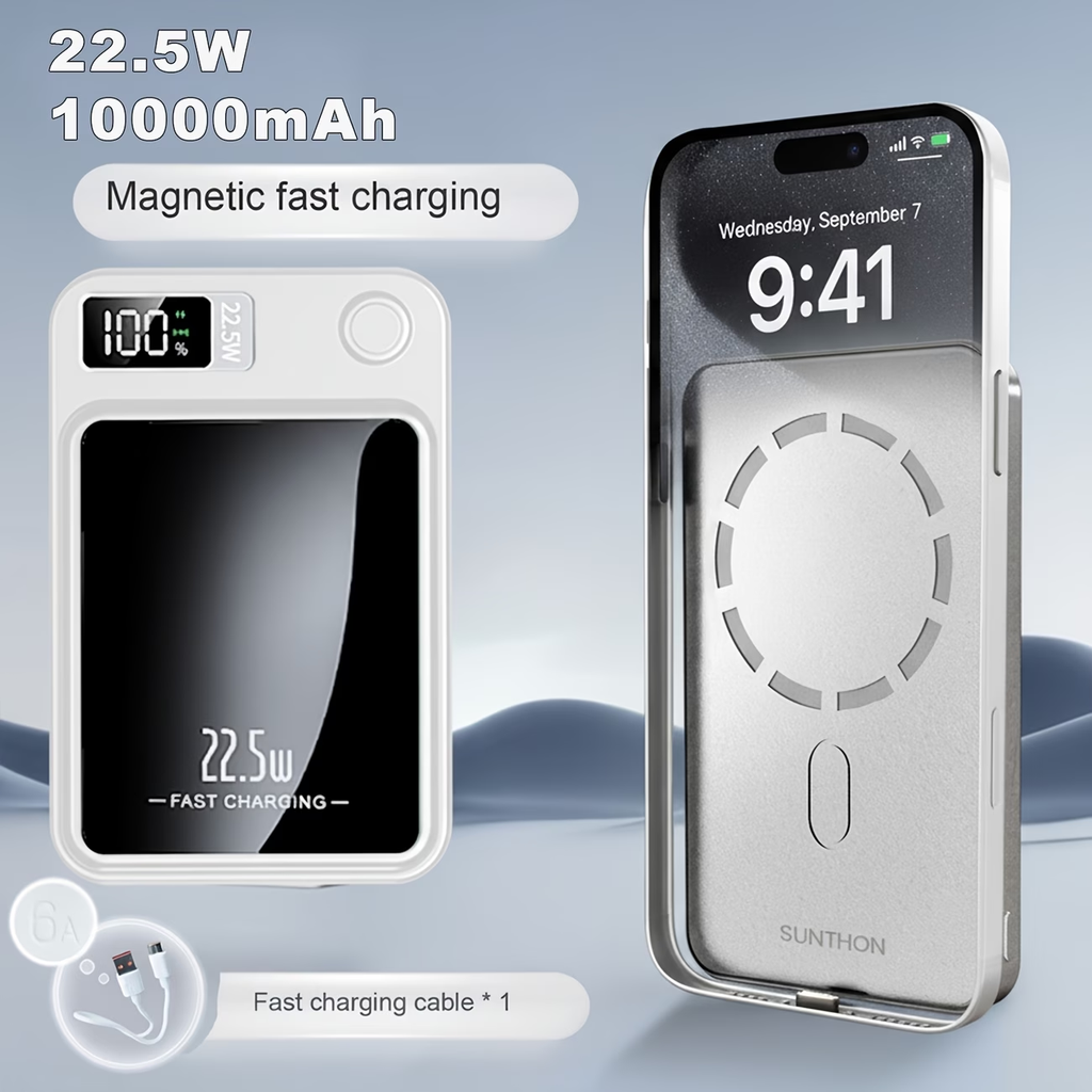 Sunthon Magnetic Wireless Charging Power Bank, 10000/5000mAh Portable Wireless Charger, 22.5W/PD20W Fast Charging Battery Pack, with LED Power Display, 2 Outputs And Dual Input External Battery Pack for iPhone 17/16/15/14/13/12 And Android Universal