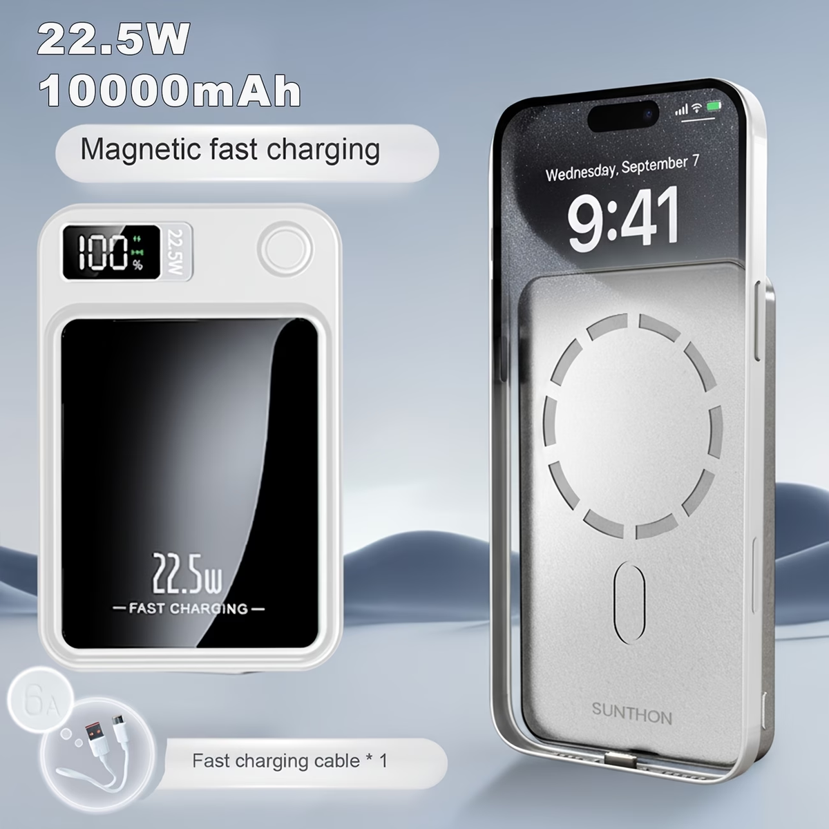 Sunthon Magnetic Wireless Charging Power Bank, 10000/5000mAh Portable Wireless Charger, 22.5W/PD20W Fast Charging Battery Pack, with LED Power Display, 2 Outputs And Dual Input External Battery Pack for iPhone 17/16/15/14/13/12 And Android Universal