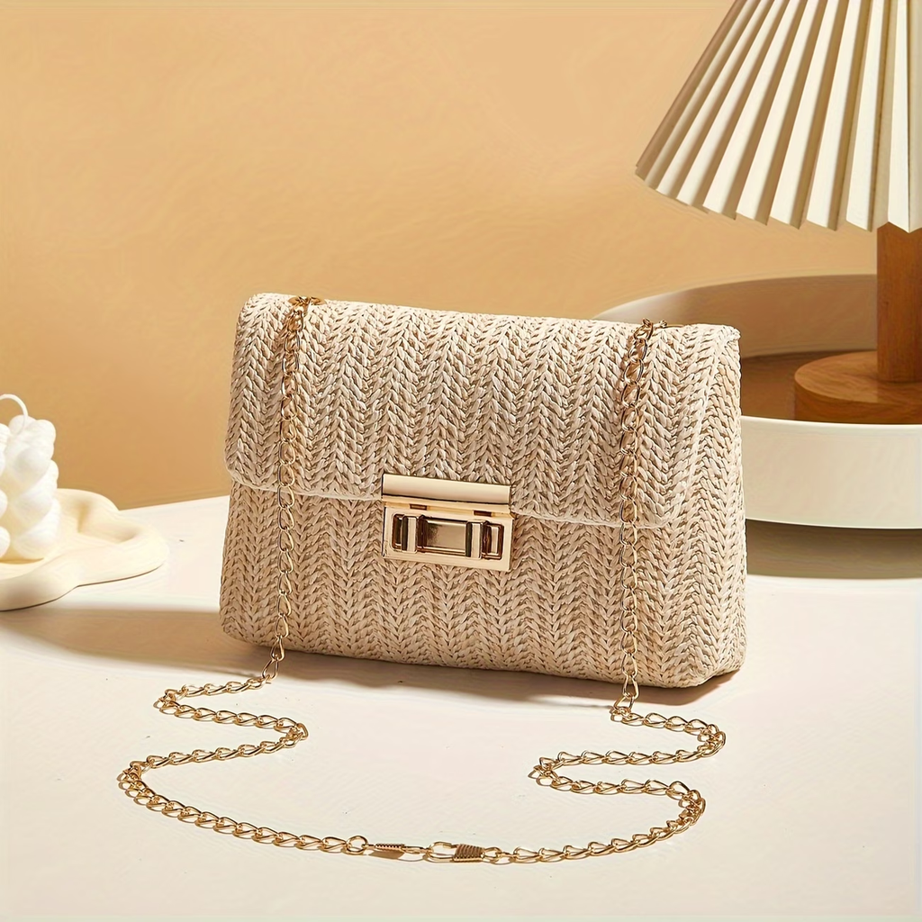 Women'S Straw Woven Shoulder Bag Handwoven Crossbody Bag Chain Closure Square Bag