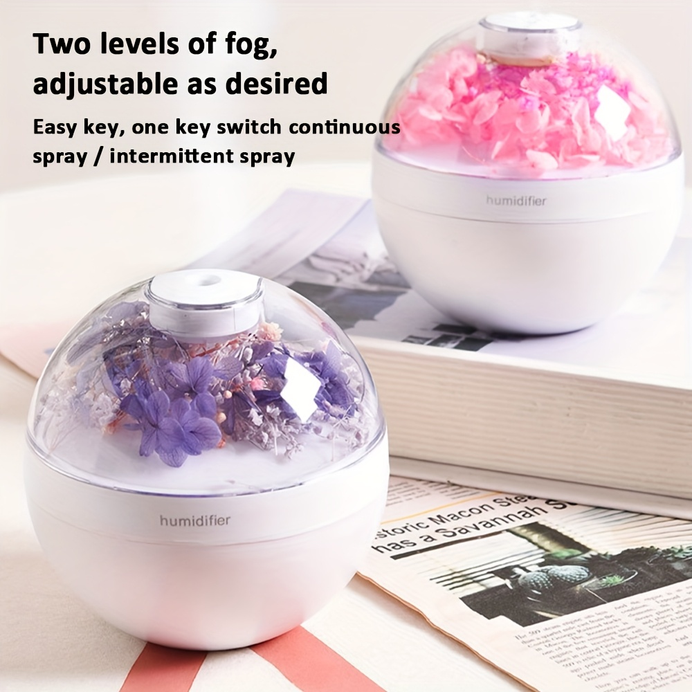 Preservative flower humidifier, USB multi-scene creative ultrasonic humidification and moisturizing spray, wired humidification, warm light mode, two spray levels, easy button operation, automatic power-off to prevent dry burning.