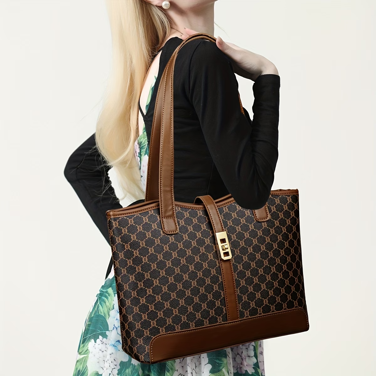 Women's Large Capacity Tote Bag - Coffee & Gray with Golden-Tone Hardware, Zipper Closure, Sturdy Handles & Detachable Shoulder Strap for Work, Travel, Everyday Use, Elegant Handbag, Oiled Edge Construction