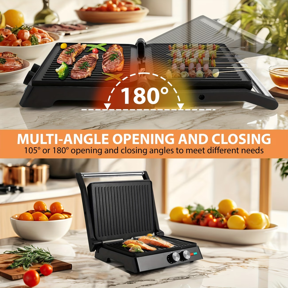 3-in-1 Electric Indoor Grill - Panini Press with Non-Stick Cooking Plates, Opens 180-Degree Gourmet Sandwich Maker, Floating Hinge Fits All Foods, Panini Press Grill with Grease Tray